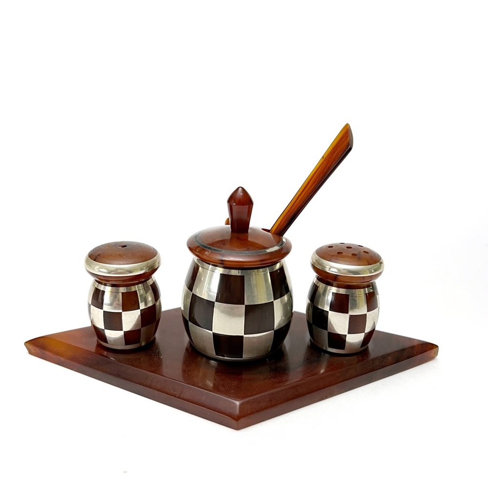 Vintage Marbleized Bakelite Silver Checkerboard Condiment Salt and Pepper Set